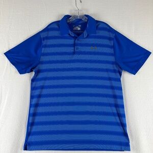 Under Armour, Blue Stripes, Loose, Heat Gear, Polo Short Sleeve, Shirt Size L